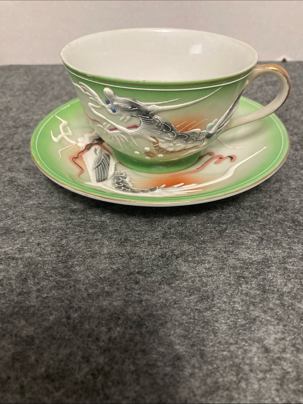 Vintage Joko China hand painted Japanese  moriage dragon cup & saucer green gold